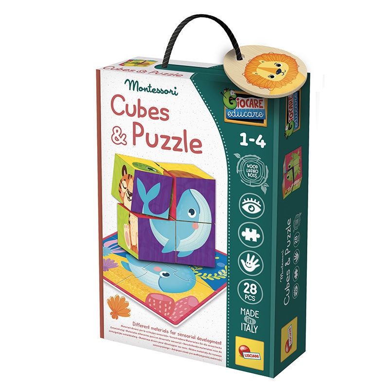 Montessori Baby Wood Cubes & Puzzle 2 σε 1 - Ξύλινα Κυβάκια με Παζλ Χαρτονιού για Παρατηρητικότητα 98347