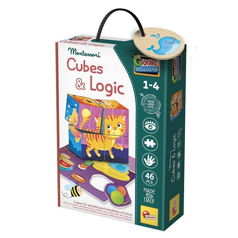 Montessori Baby Wood Cubes & Logic 2 σε 1 - Ξύλινα Κυβάκια με Παζλ Ζώων & Λογικής για Νήπια 96879